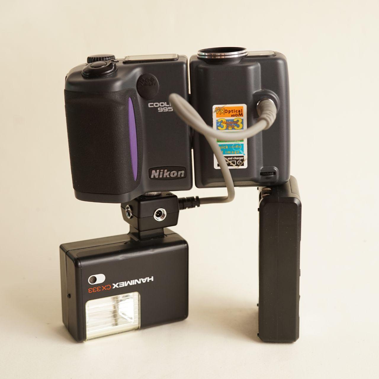 Nikon Coolpix 995 Digital Camera + Hanimex CX 333 Flash | 3.34MP | Tested & Working | Silver & Black